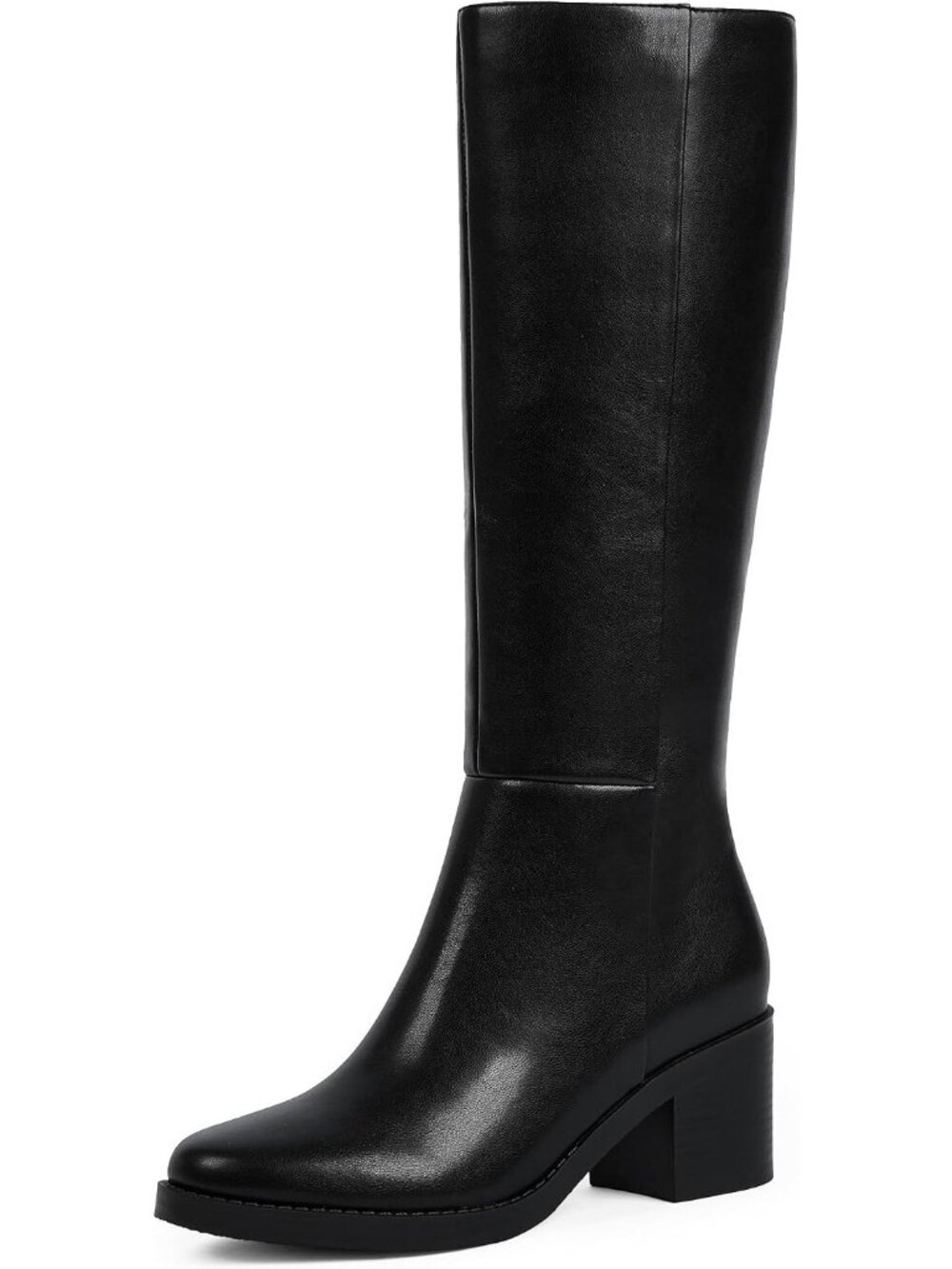 Women's Black Knee High Boots Chunky Low Block Heel Round Toe Boots Anti-Slip